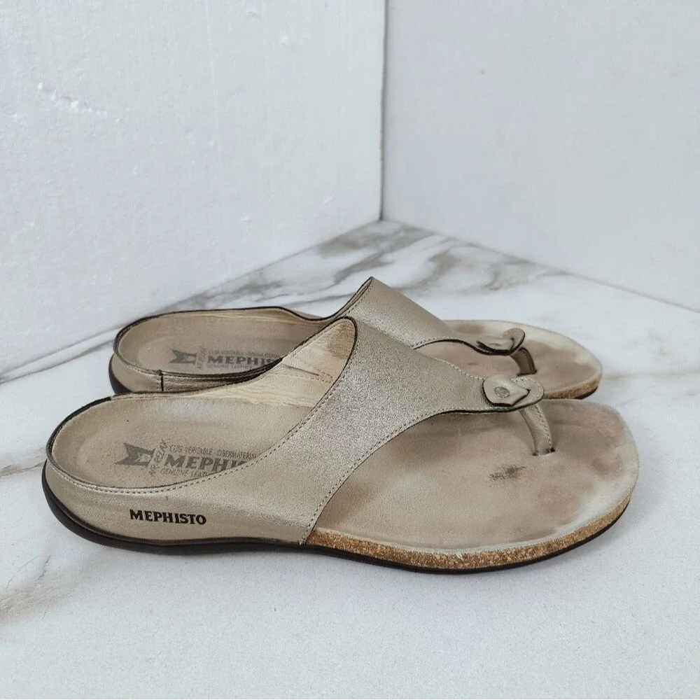 Mephisto Air-Relax Metallic Gold Leather Thong Sandals, Sz 10